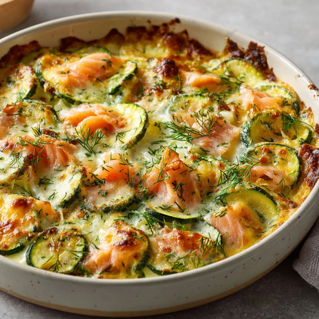 Plat léger de courgettes et saumon fumé, maison.