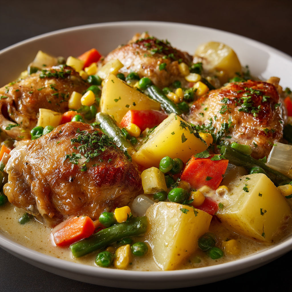 Un plat de poulet doré accompagné de légumes colorés et savoureux sur une assiette.