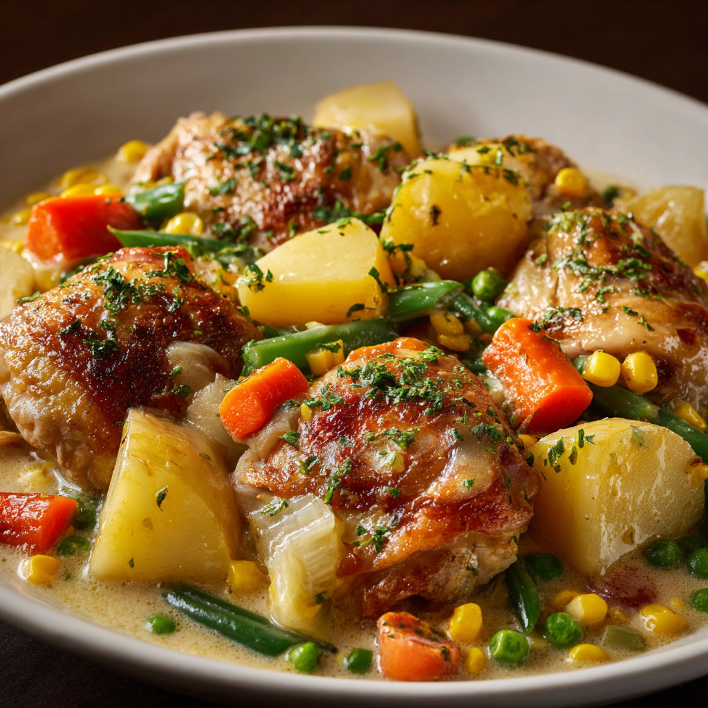 Poulet doré, légumes tendres et pommes de terre dans une sauce crémeuse.