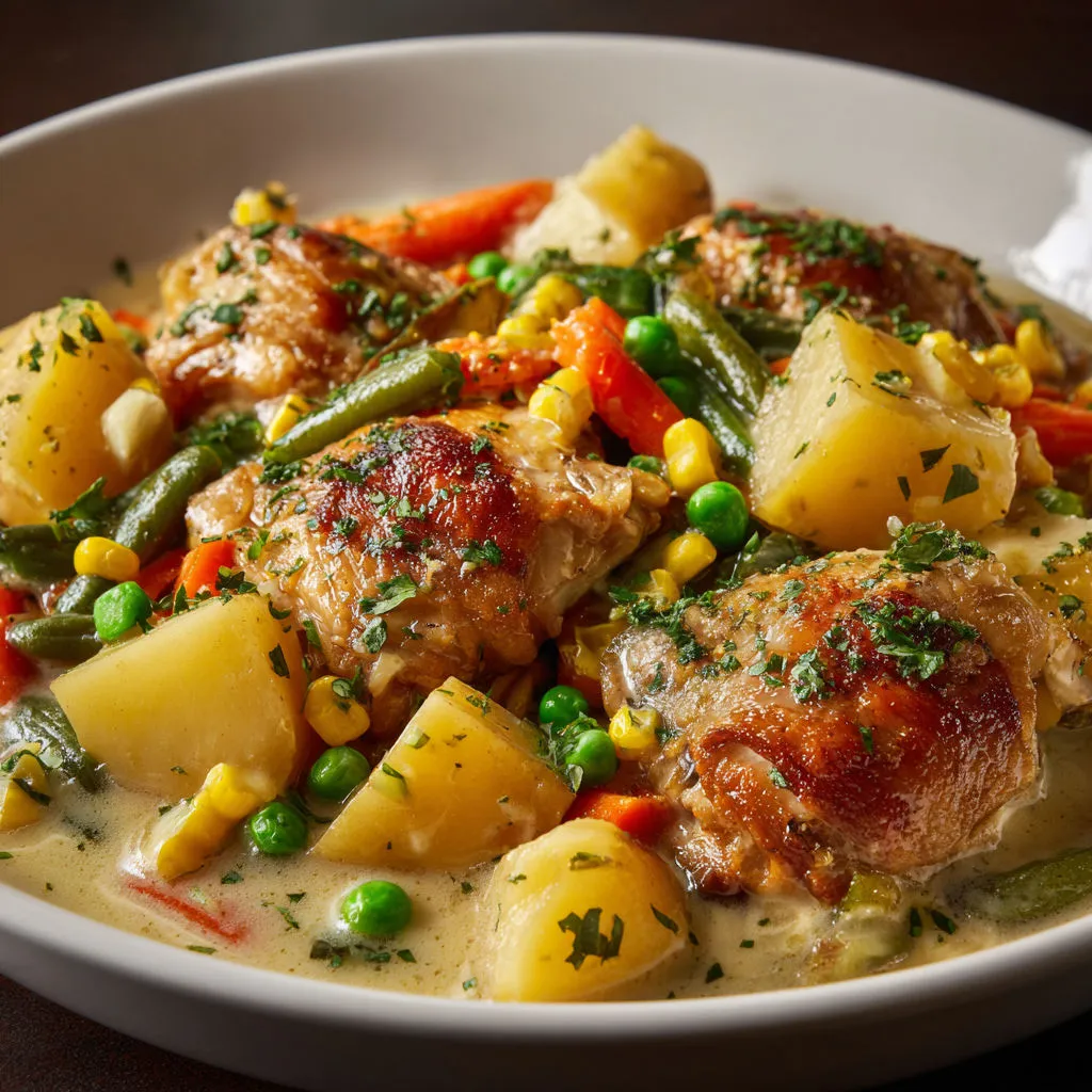 Morceaux de poulet dorés, légumes mijotés et sauce crémeuse irrésistible.