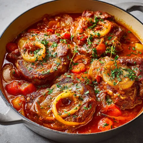 Du jarret de veau mijotant dans une sauce tomate parfumée, prêt à être dégusté.