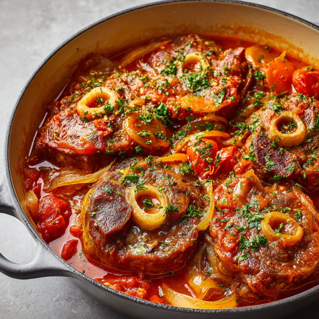 Un grand plat d’Osso buco milanais, veau mijoté ultra tendre avec légumes et vin blanc.