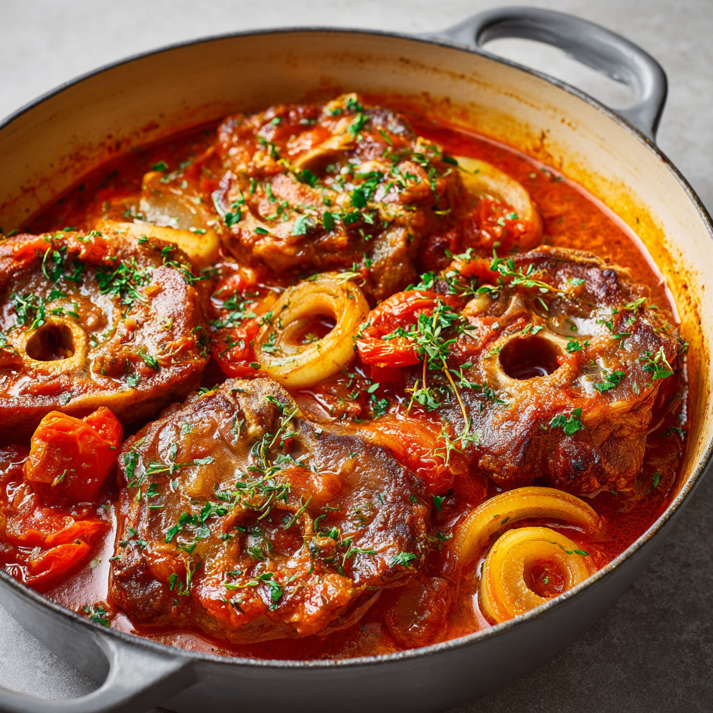 Osso buco milanais (version grand classique) : jarret de veau ou de bœuf mijoté dans une sauce tomate aux herbes avec oignons et carottes bien fondantes.