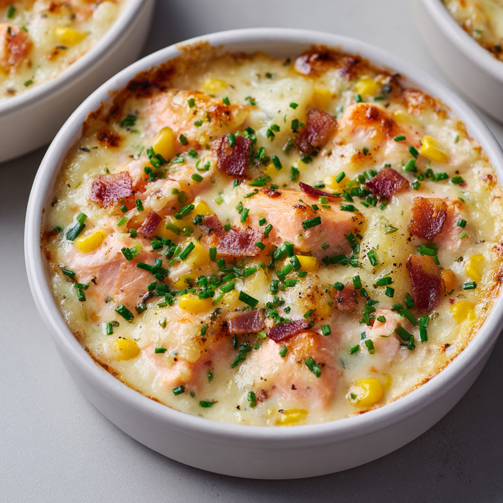 Un bol de saumon gratiné avec maïs et fromage.