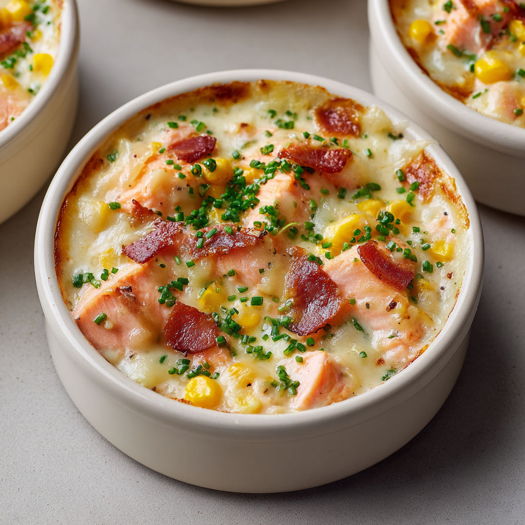 Soupe gratinée saumon et maïs, toute crémeuse avec pommes de terre et bacon croustillant.