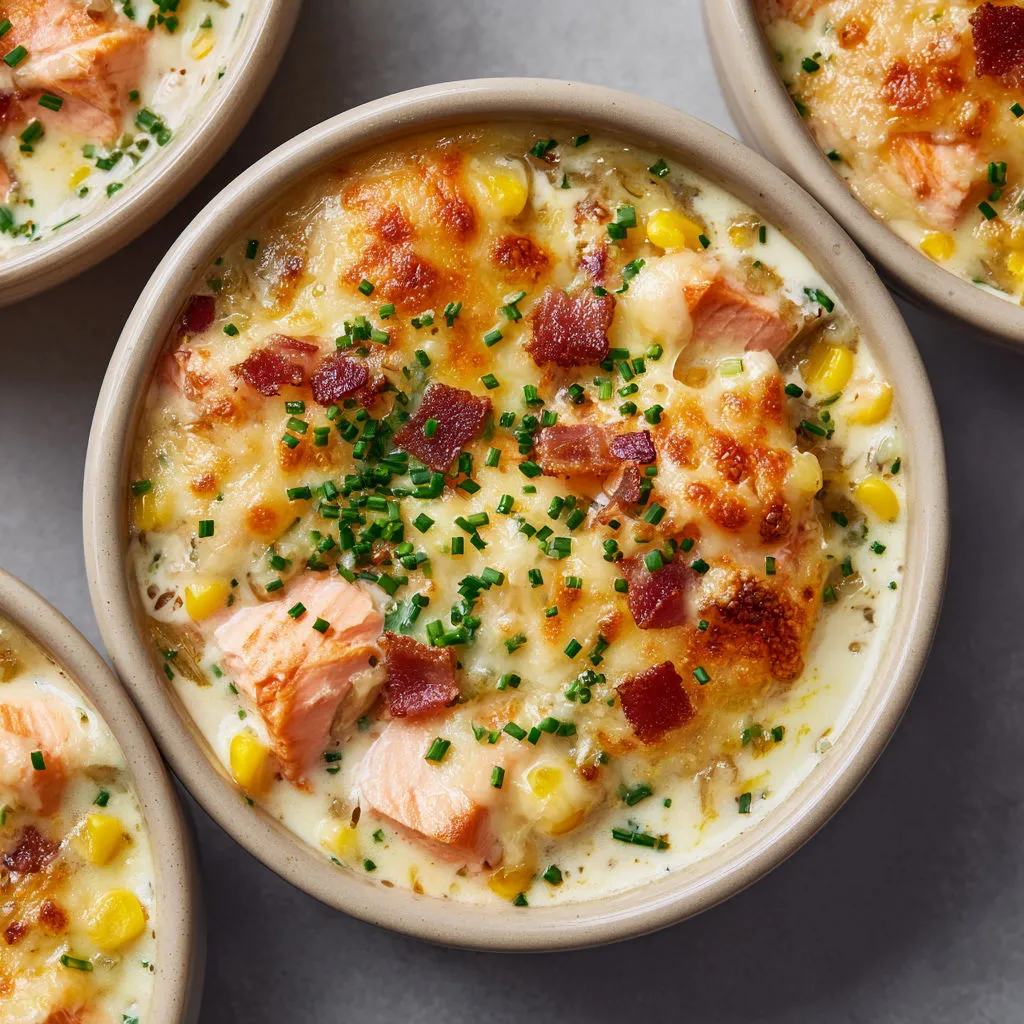 Soupe gratinée saumon et maïs, riche, crémeuse et ultra réconfortante.