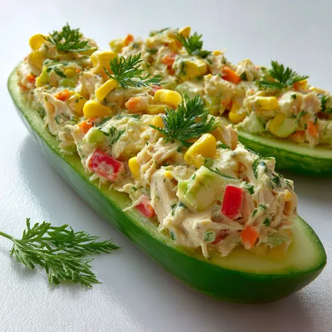 Barquettes de concombres au poulet croquant, faciles et savoureuses.