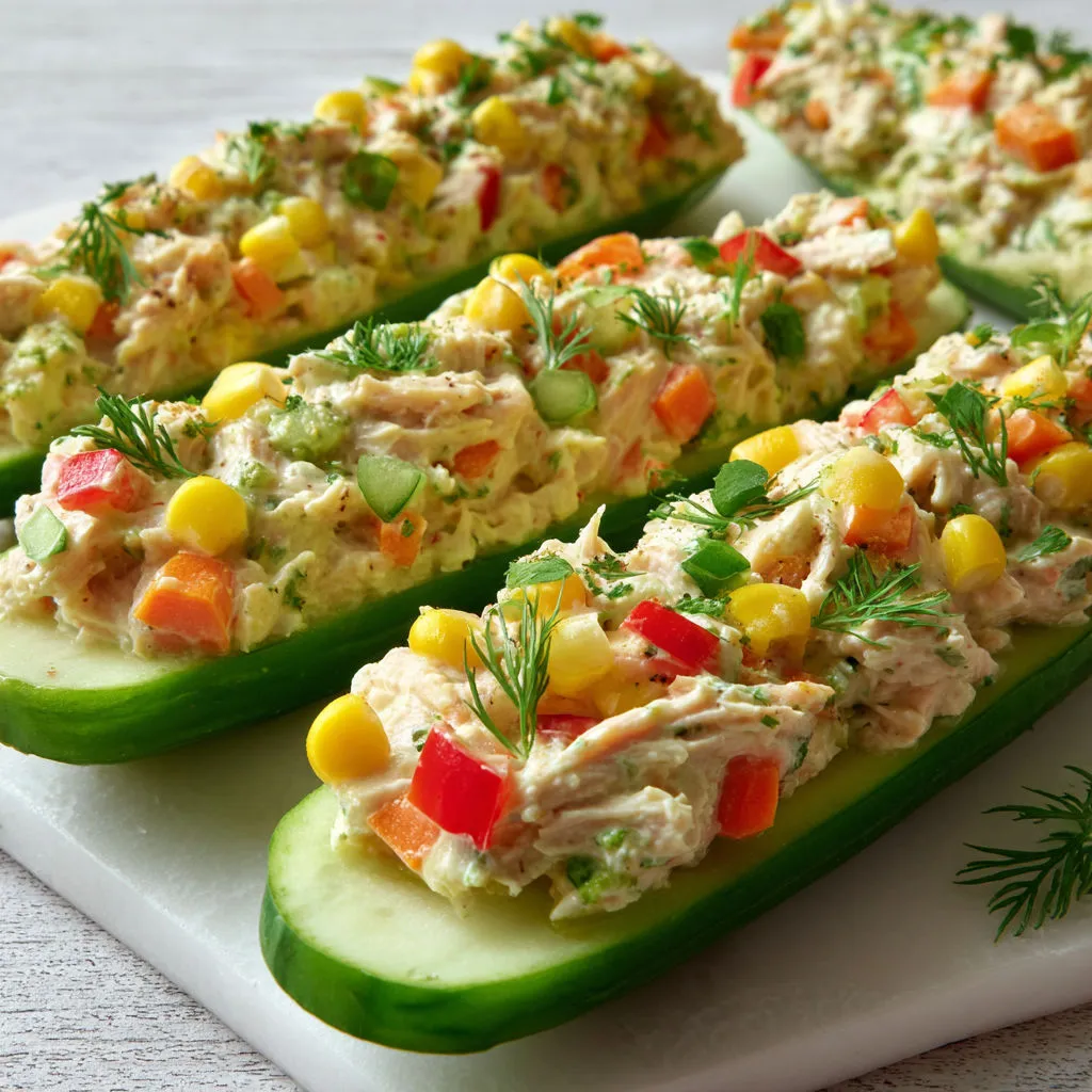 Concombres garnis de poulet croustillant et légumes variés.