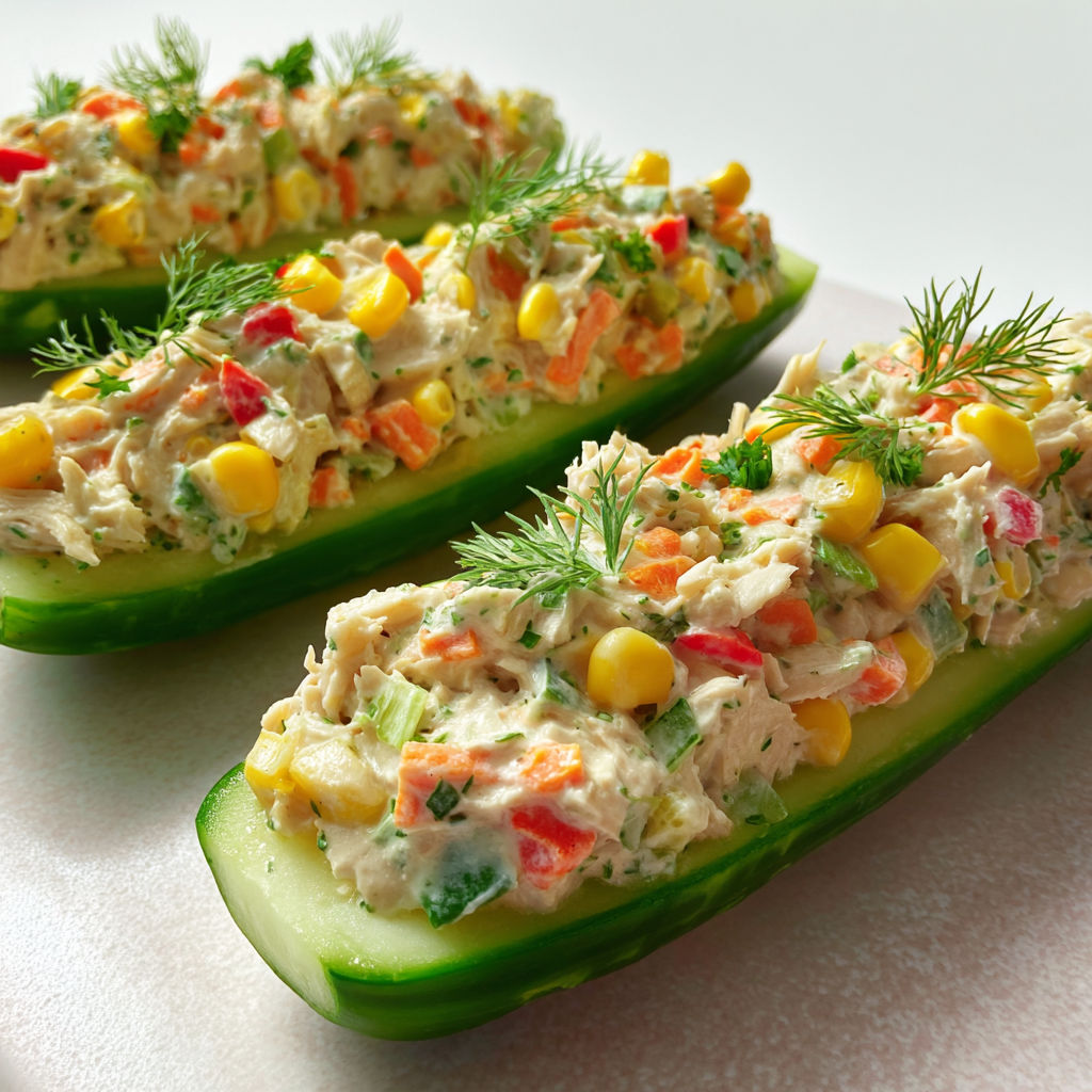 Concombres façon barquette avec poulet crémeux et maïs.