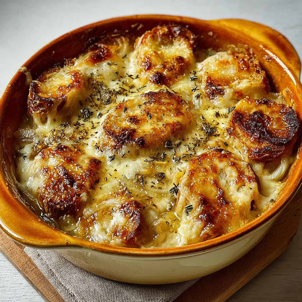 Une portion de croûtes gratinées au fromage fondu, servie dans un ramequin.