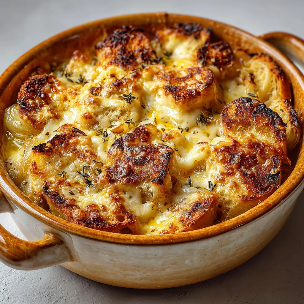Croûtes savoyardes gratinées très fondantes au beaufort avec gros morceaux de pain trempé.