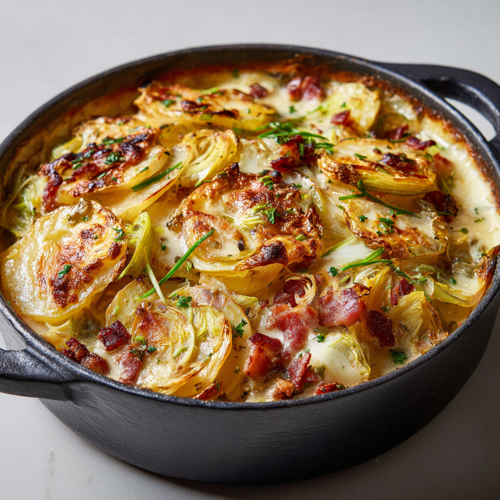 Cocotte de plat vosgien aux poireaux avec des herbes et du bacon, servie dans une casserole en fonte.