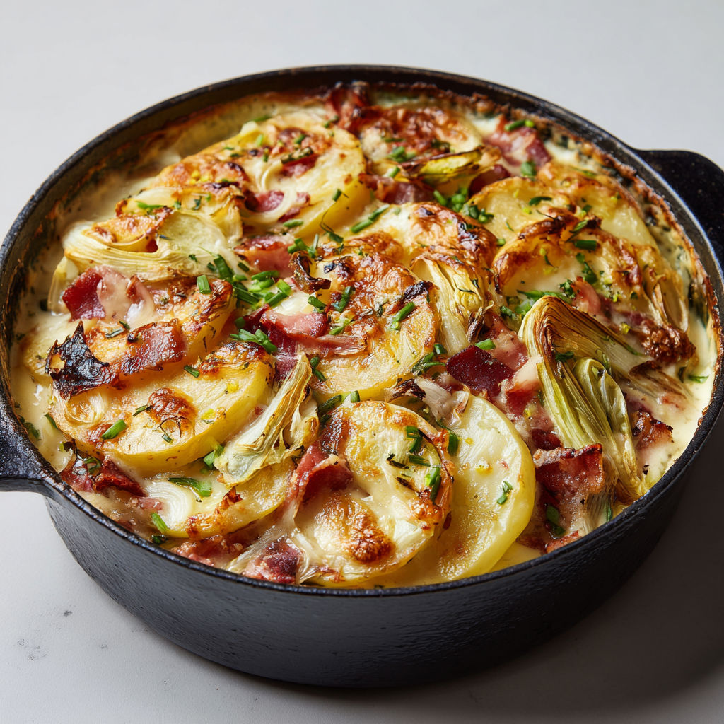 Gratin vosgien aux poireaux et porc fumé tout fondant.