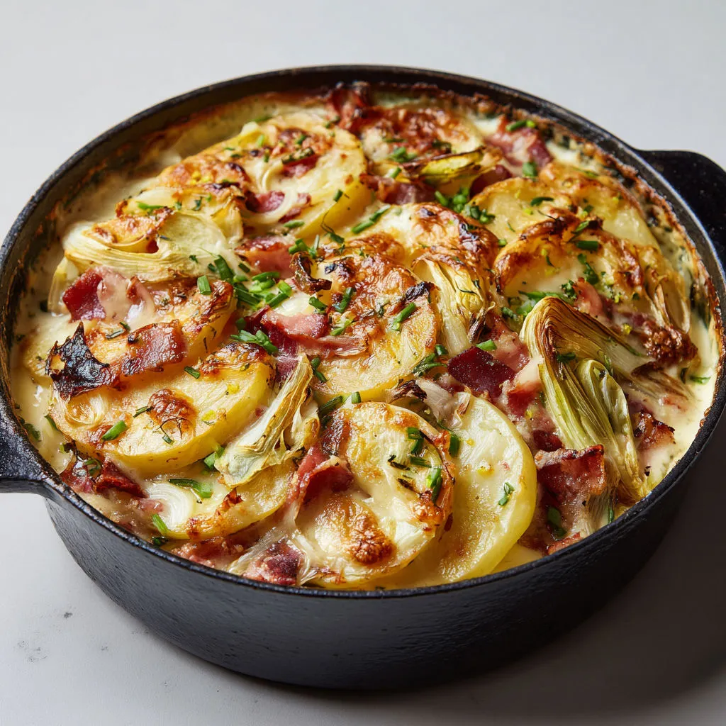 Gratin vosgien aux poireaux et porc fumé tout fondant.