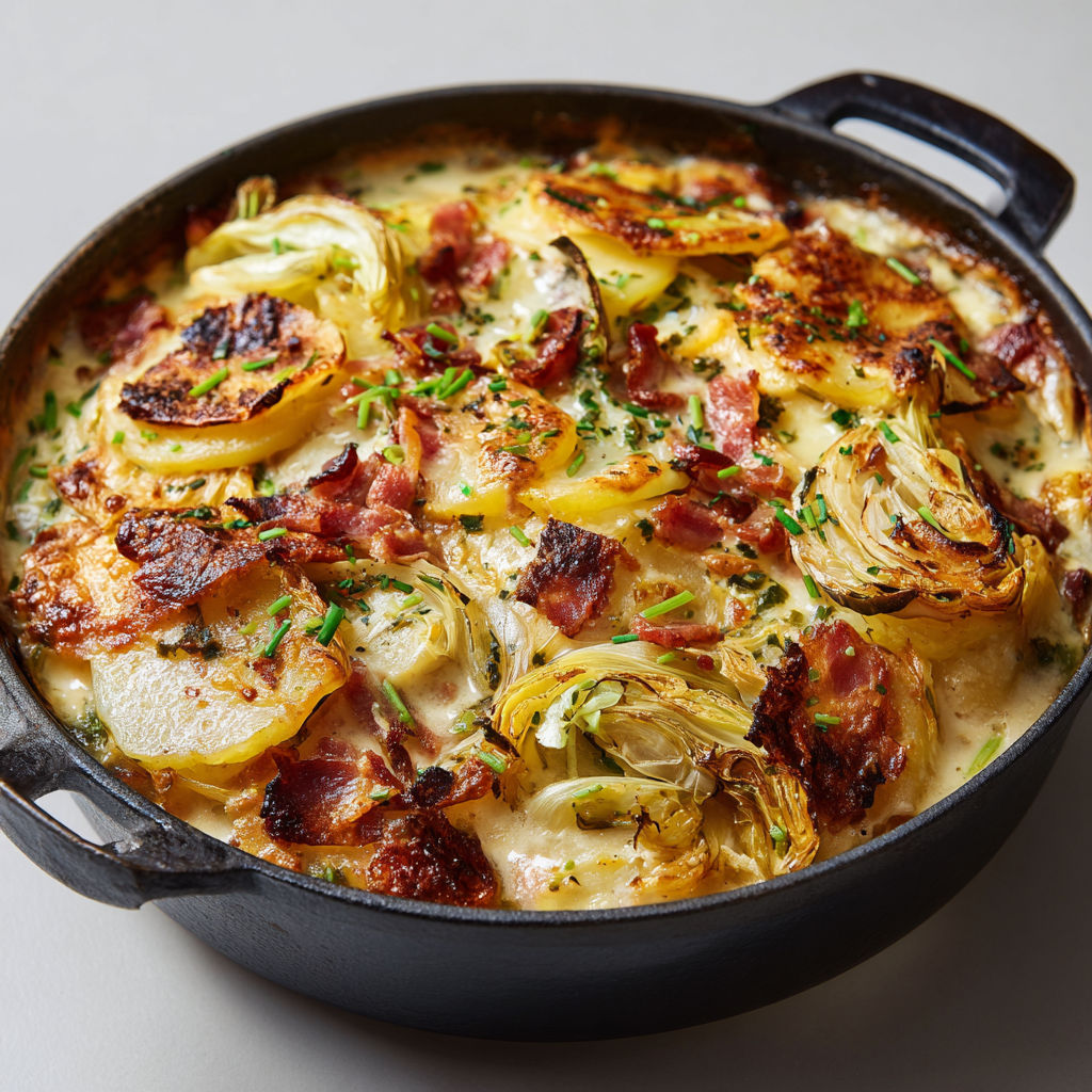 Gratin vosgien traditionnel avec poireaux, lardons et collet.