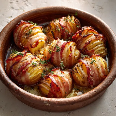 Pommes de terre rôties avec lard fumé, servies avec des épices et des herbes, sur une belle table.