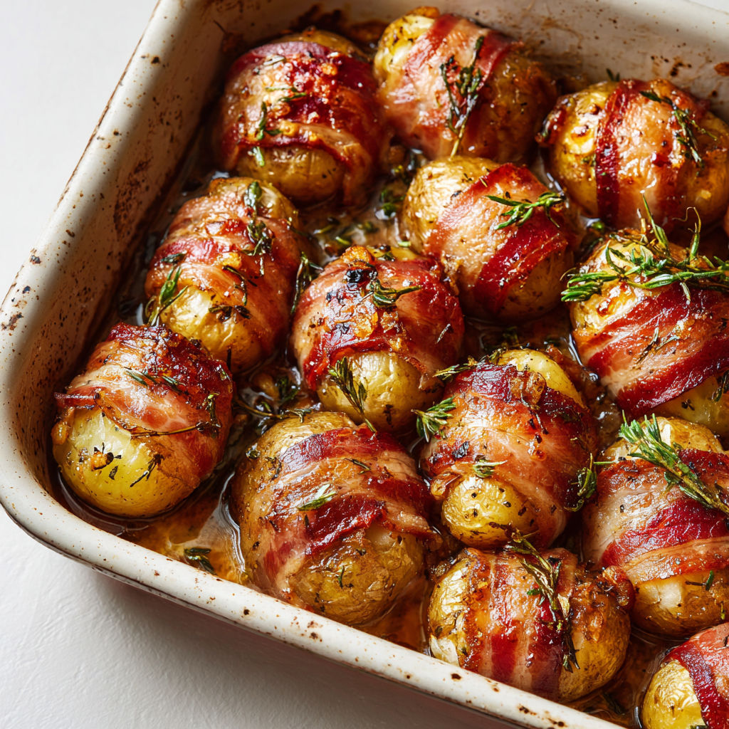 Pommes de terre enveloppées de lard fumé, fondantes et parfumées au thym.