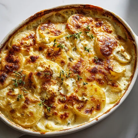 Pommes de terre gratinées au camembert et touchées de calva, servies dans un récipient en verre.