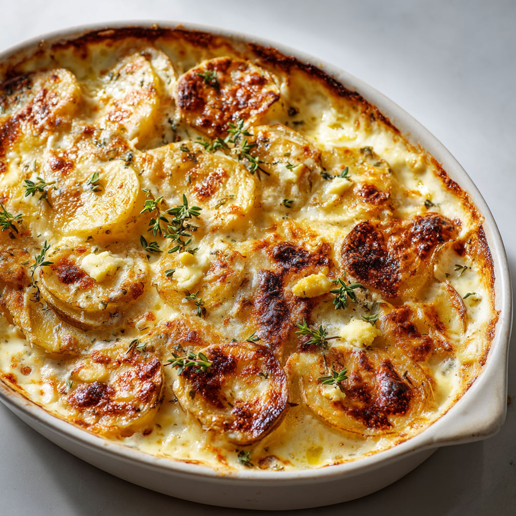 Pommes de terre gratinées au camembert, flambées au calvados.