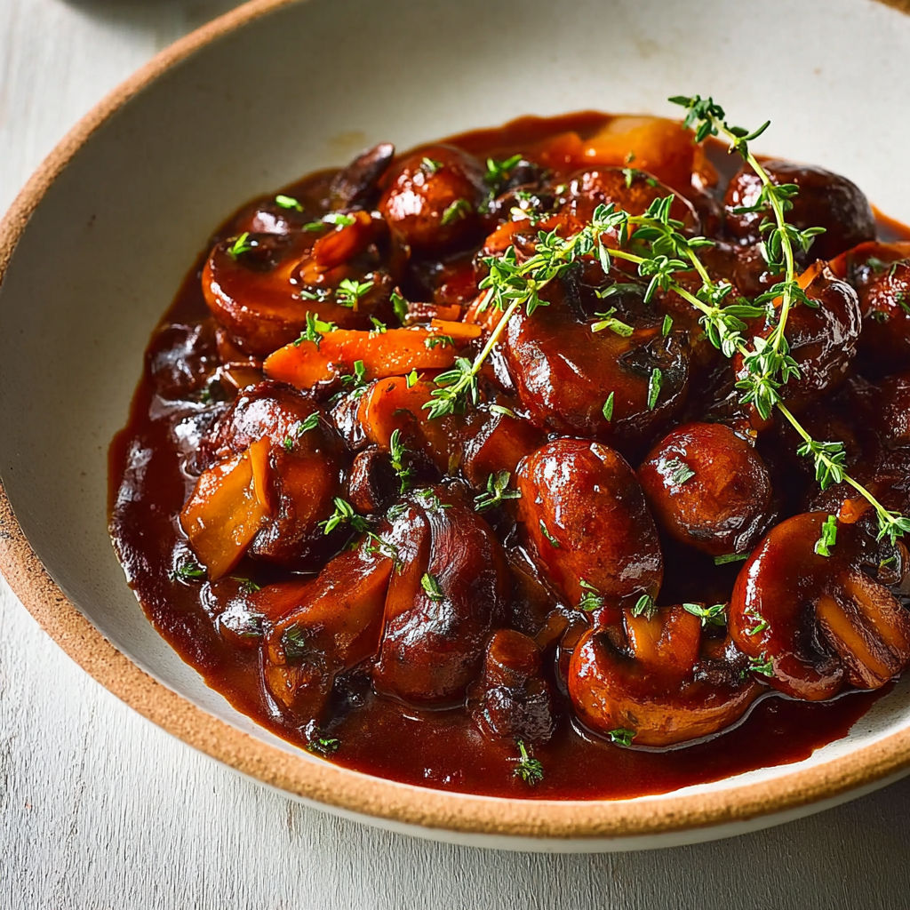 Un délicieux bourguignon de champignons servi dans un bol en céramique.