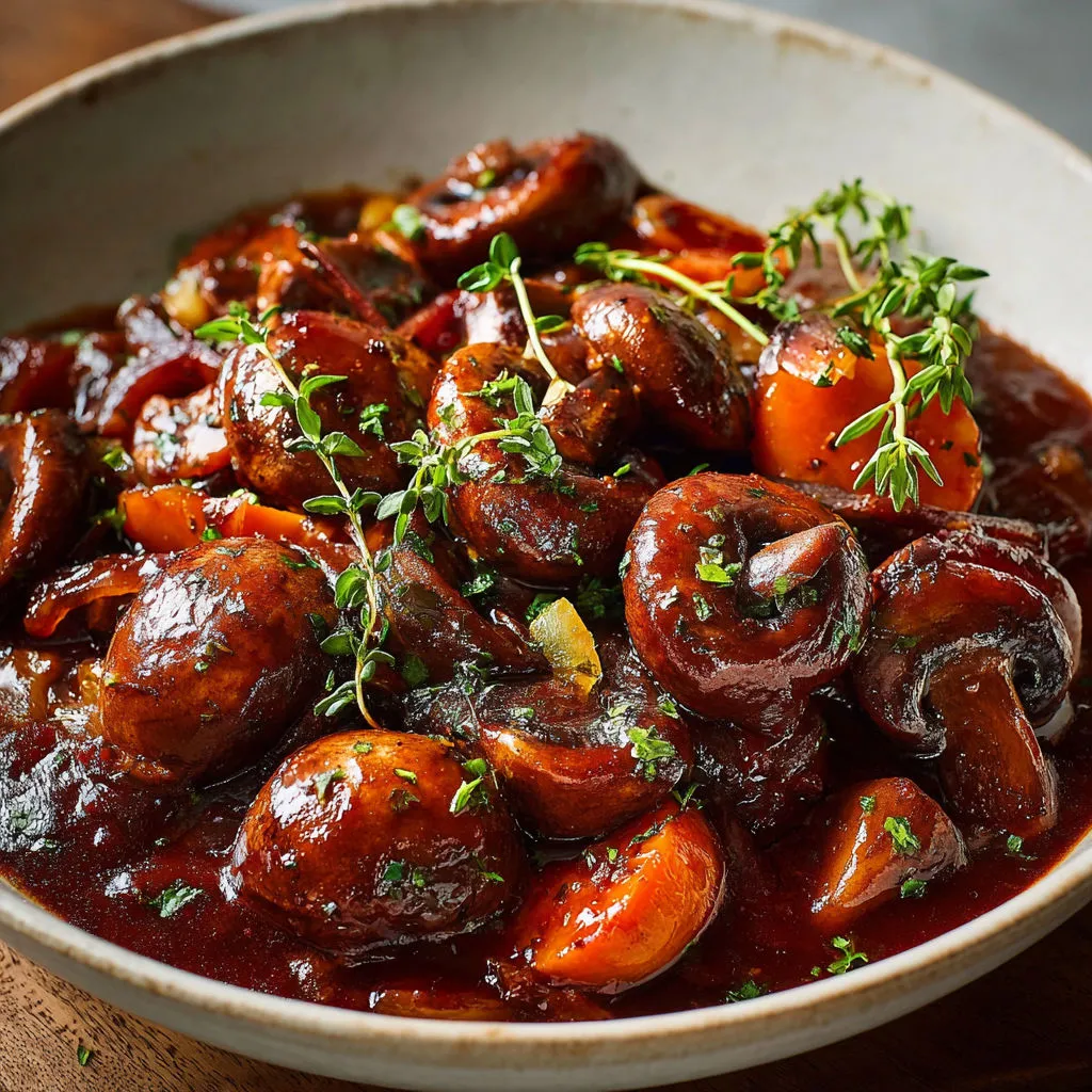 Un grand plat de champignons mijotés au vin rouge, sauce onctueuse et parfumée.