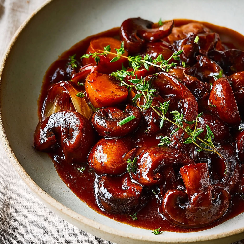 Champignons fondants mijotés avec du thym frais et des légumes doux.
