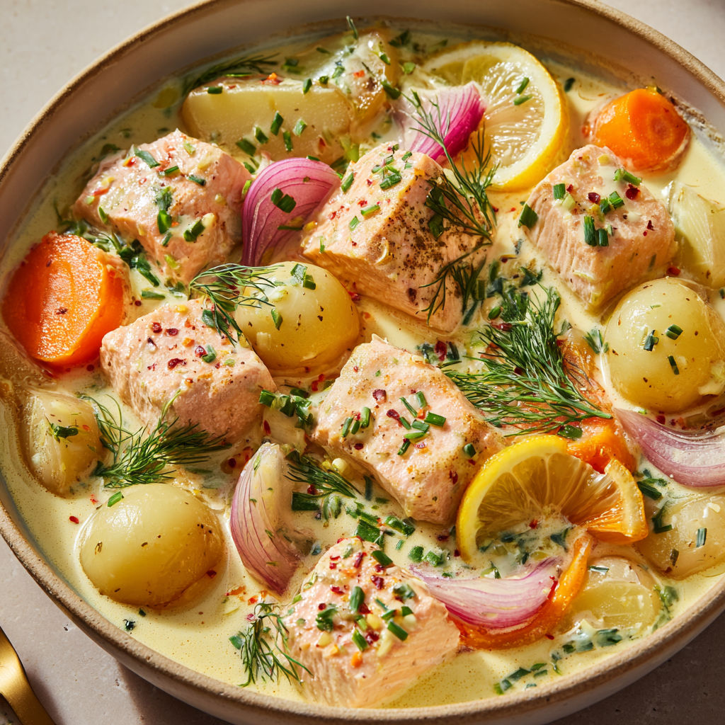 Un bol de saumon en blanquette avec sauce poulette et légumes.