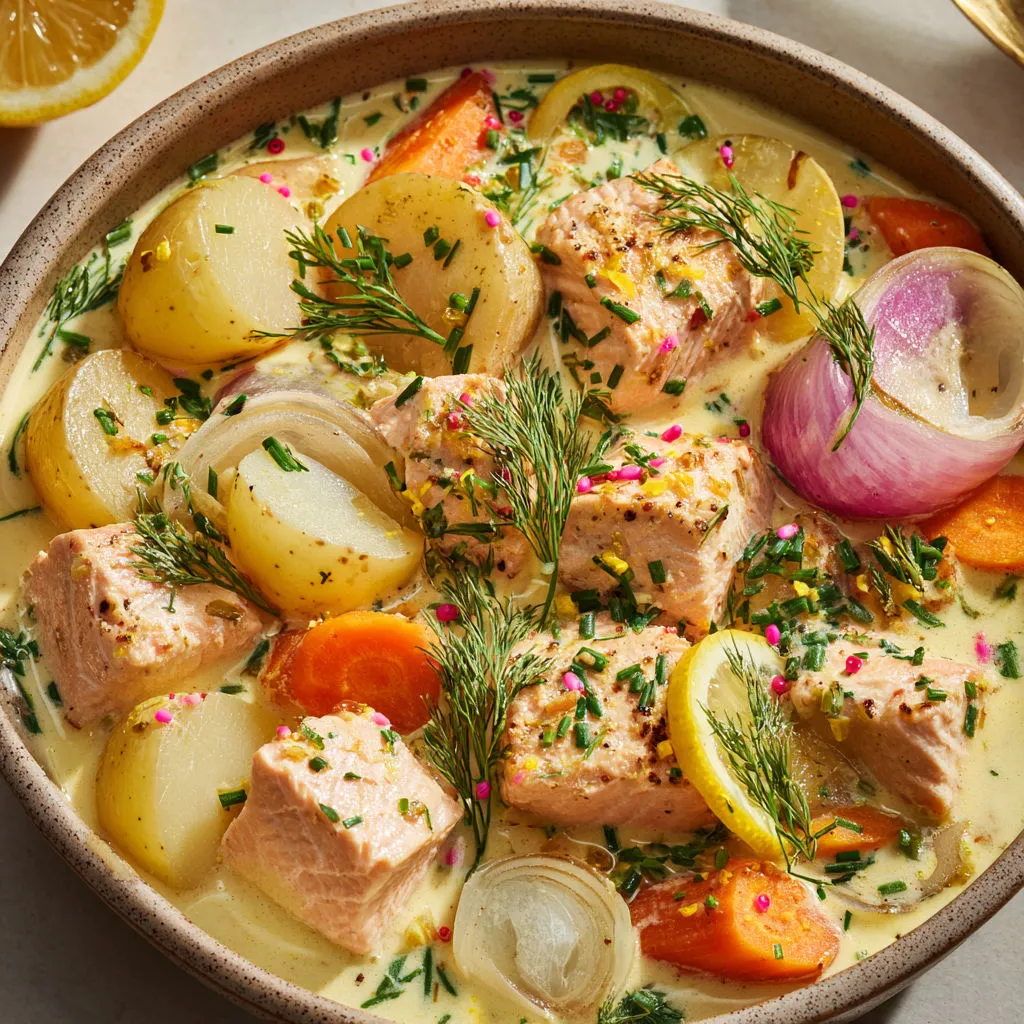 Saumon mijoté tendre avec légumes et sauce crémeuse style blanquette.