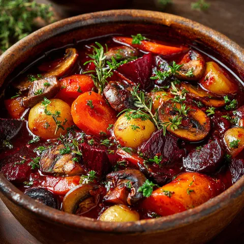 Un bol en terre rempli de légumes d’hiver cuisinés en bourguignon.