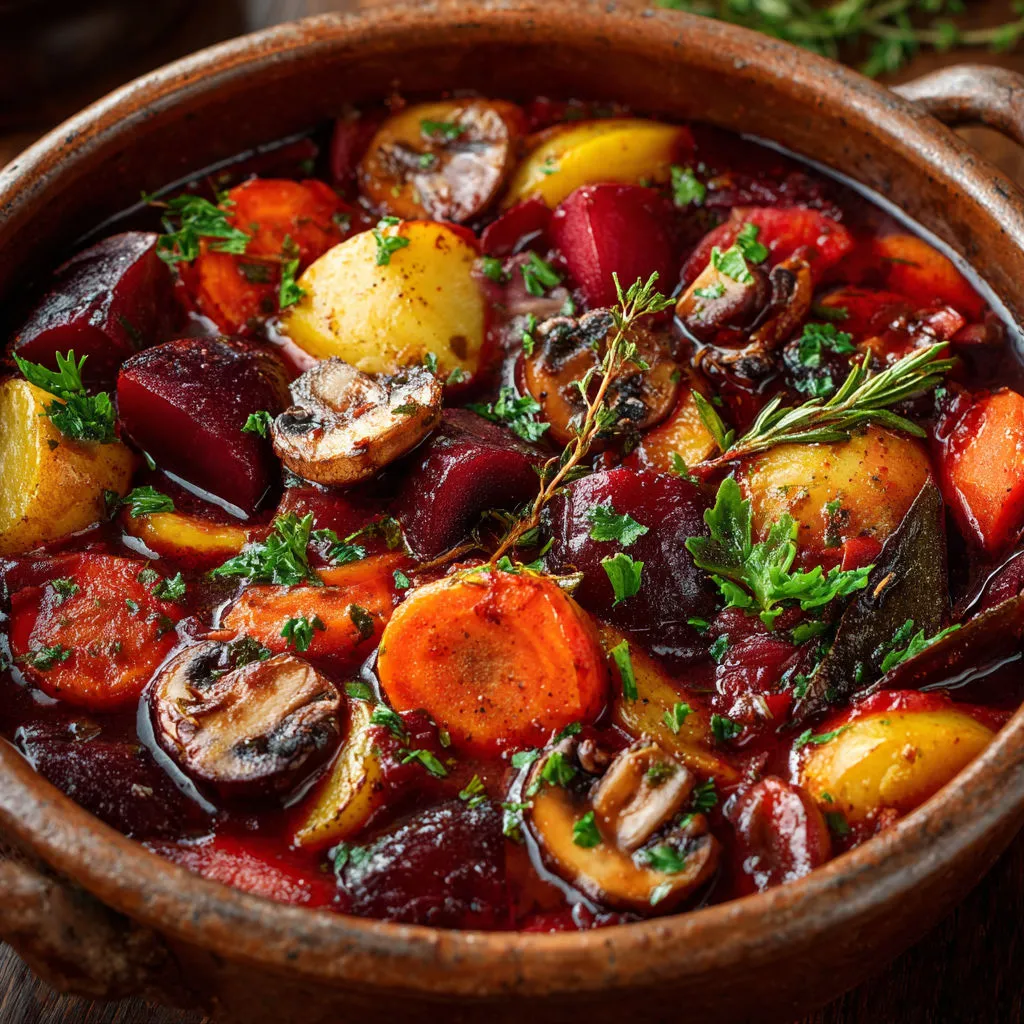 Cocotte fondante de légumes d’hiver, sauce épaisse au thym et laurier.