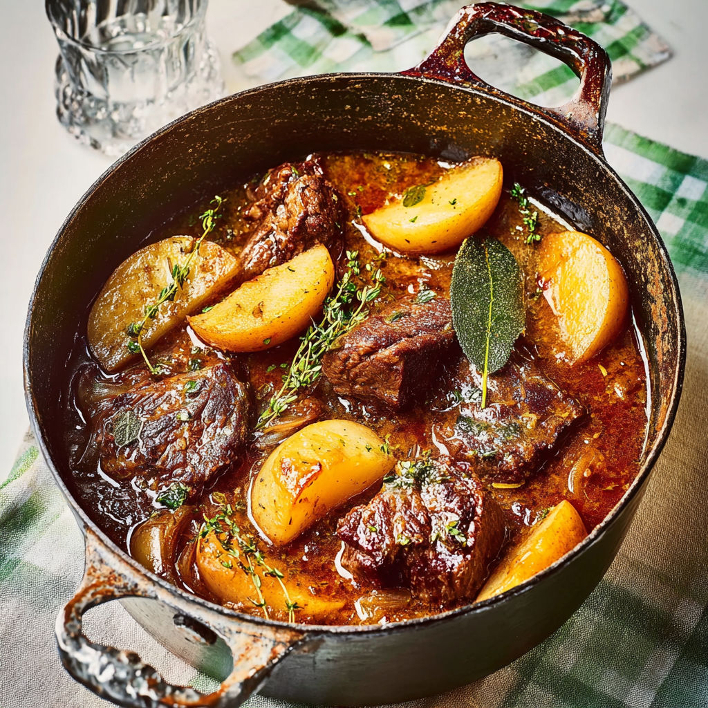 Plat mijoté avec du boeuf tendre, des pommes caramélisées et des herbes fraîches.