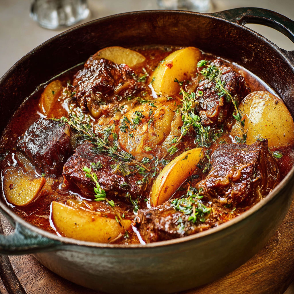Cocotte de joue de bœuf au cidre et pommes, super tendre et parfumée, sauce dorée.
