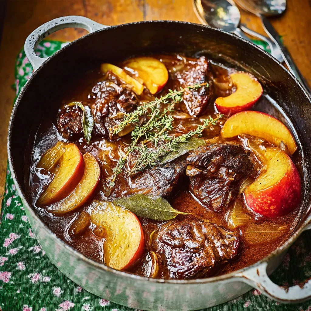 Cocotte de joue de bœuf aux pommes, fondante à souhait.