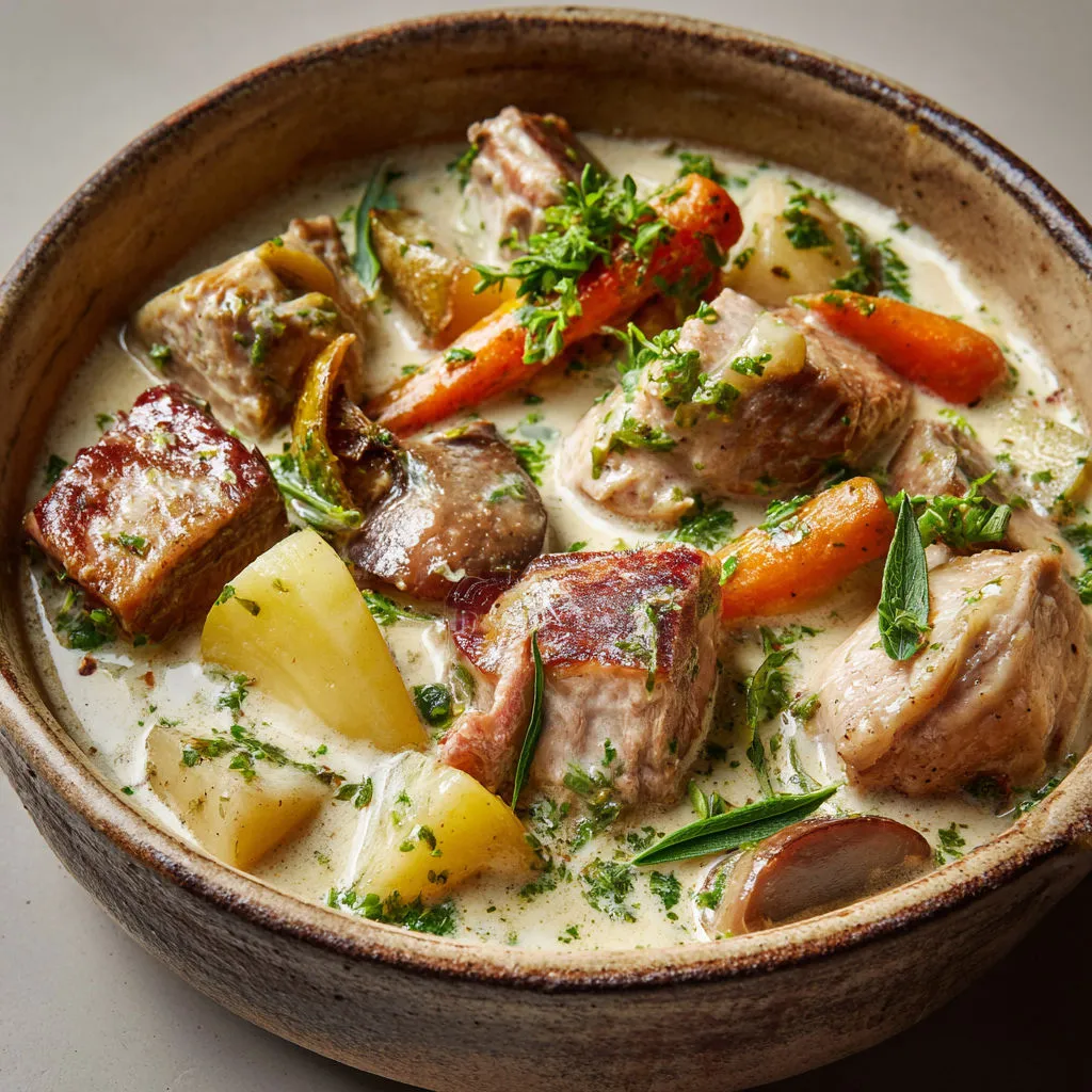 Plat de veau tendre nappé d’une sauce crémeuse à la verveine citronnée.