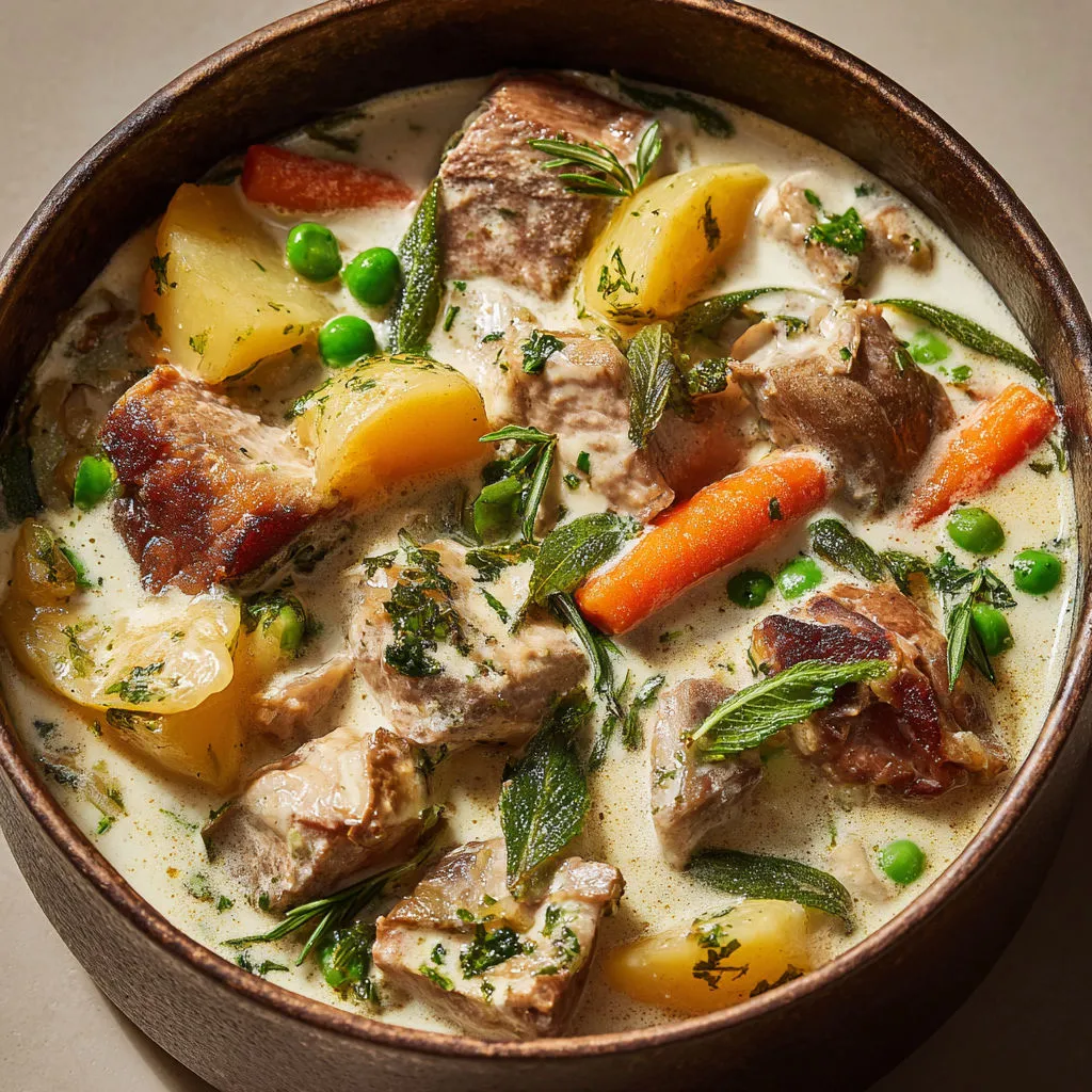 Veau effiloché tout tendre servi avec une sauce douce à la verveine.