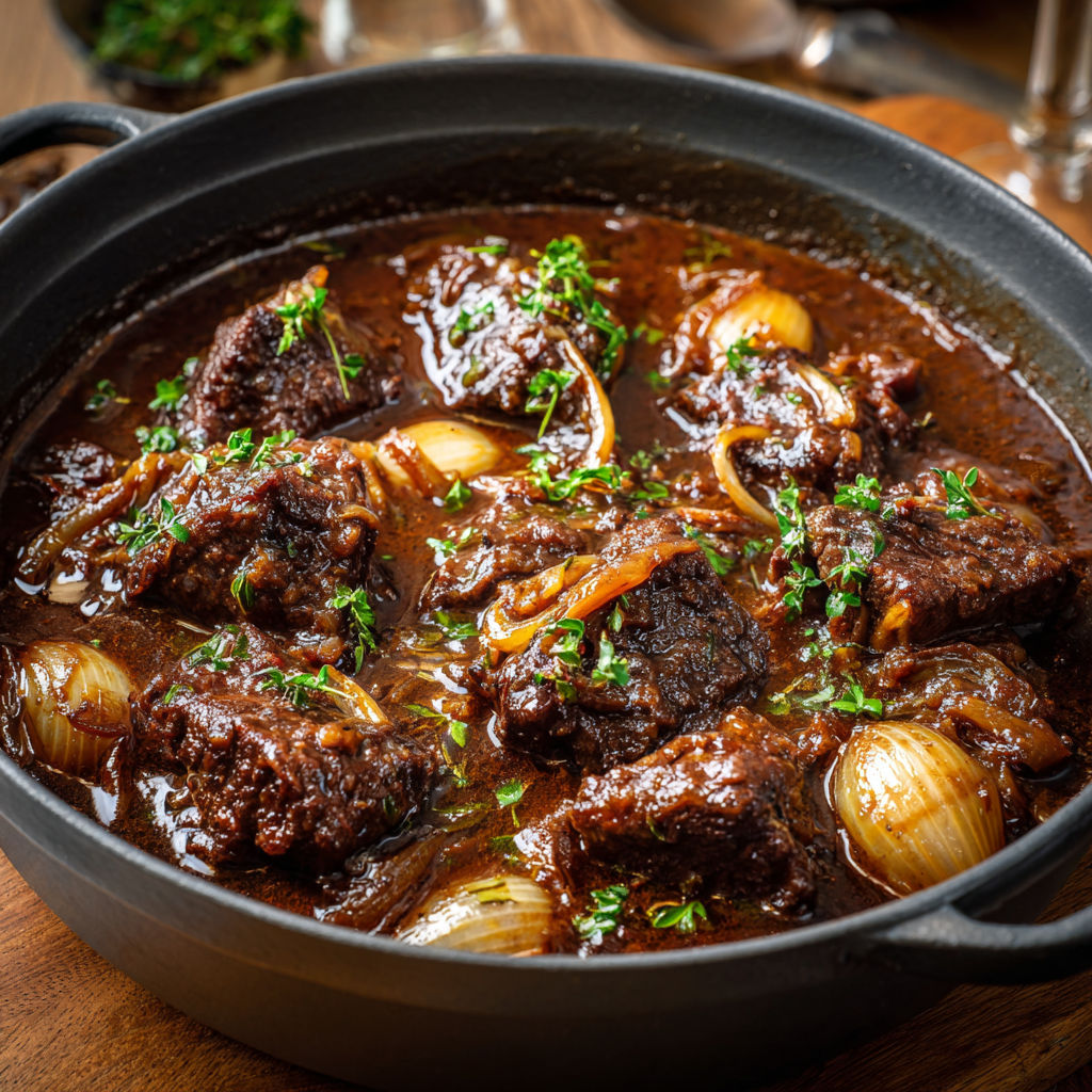 Carbonnade flamande mijotée à la bière ambrée, bœuf tendre et parfum doux d’oignon, pain d’épices et épices dans une sauce gourmande.