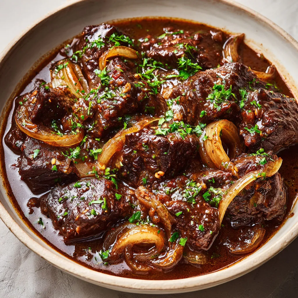 Bœuf mijoté à la bière ambrée, super tendre, sauce caramélisée aux oignons et douces épices.