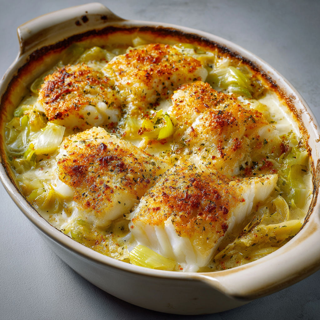 Une délicieuse association de cabillaud gratiné avec des poireaux et de la crème.