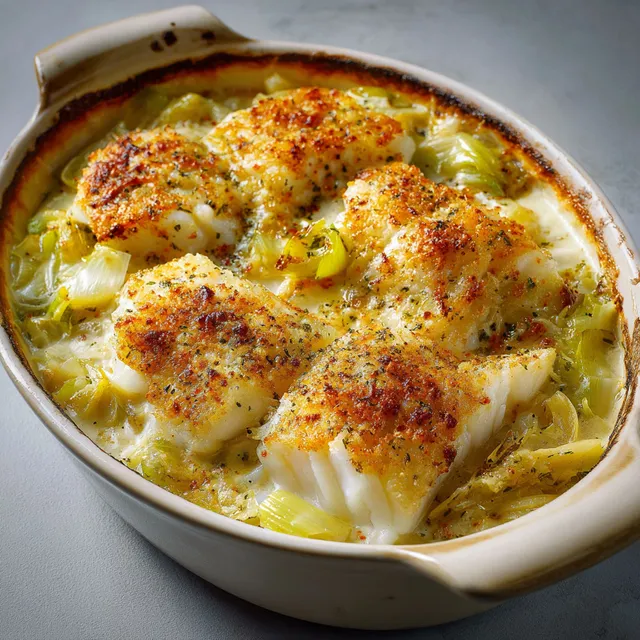 Une délicieuse association de cabillaud gratiné avec des poireaux et de la crème.