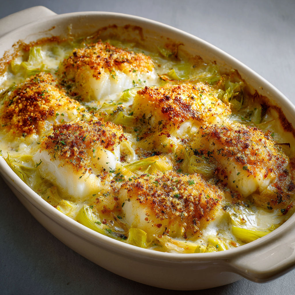 Plat tout chaud de cabillaud tendre, poireaux ultra crémeux et fromage gratiné.