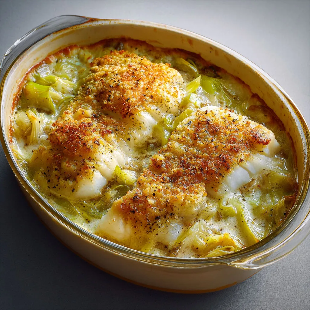 Gratin ultra fondant de poisson blanc et poireaux, la petite moutarde qui change tout.