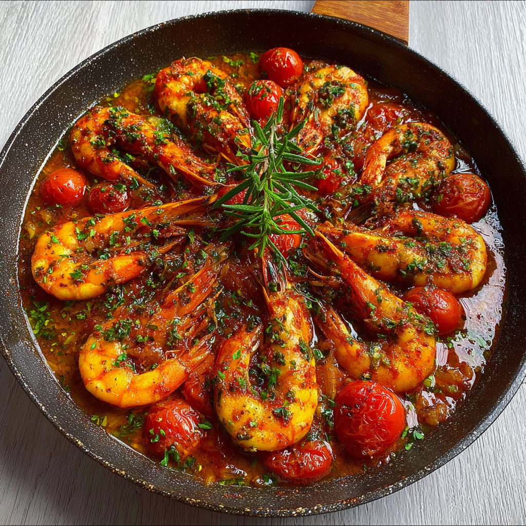 Poêle remplie de gambas dorées à l'ail, tomates et herbes fraîches.