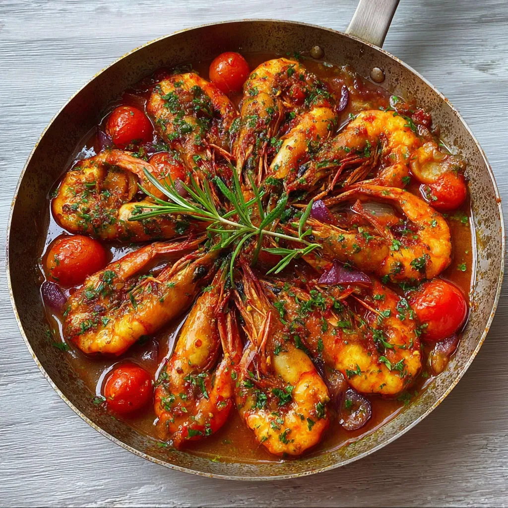 Gambas grillées à l’ail et tomates fondantes avec herbes méditerranéennes.