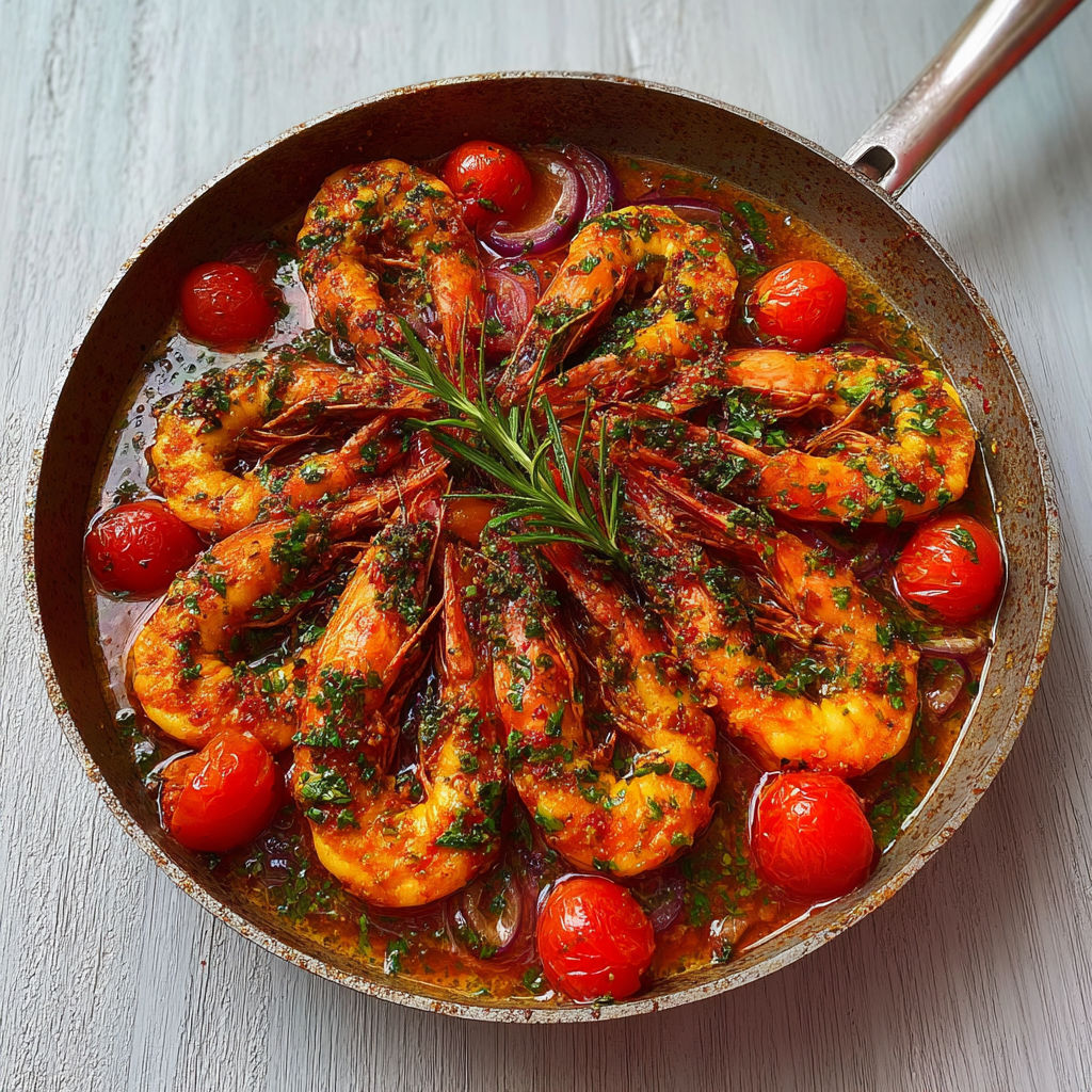 Gambas dorées à point, tomates juteuses et herbes du soleil dans l’assiette.