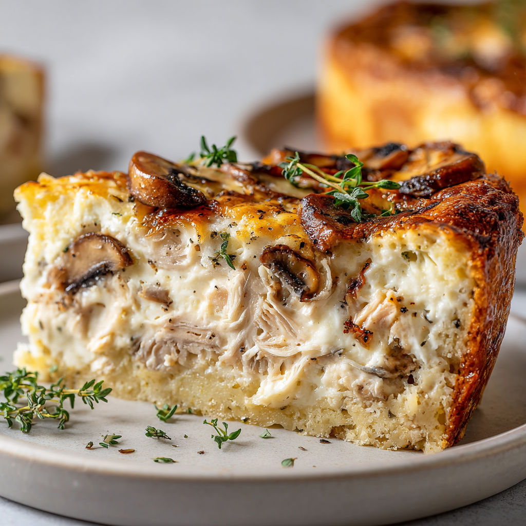 Plat servi avec une quiche thon-champignons moelleuse et dorée prête à déguster.
