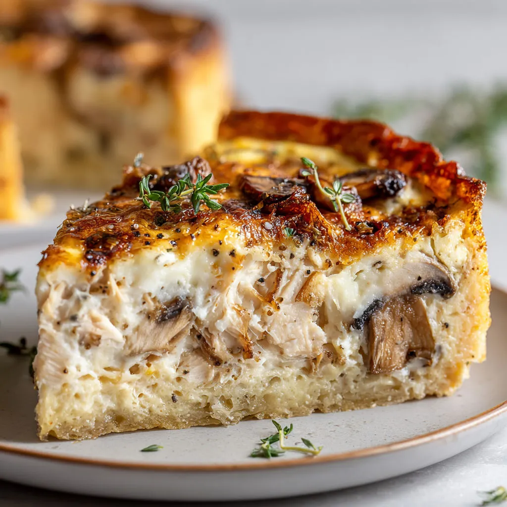 Quiche légère sans pâte, thon, champignons moelleux et fromage gratiné.