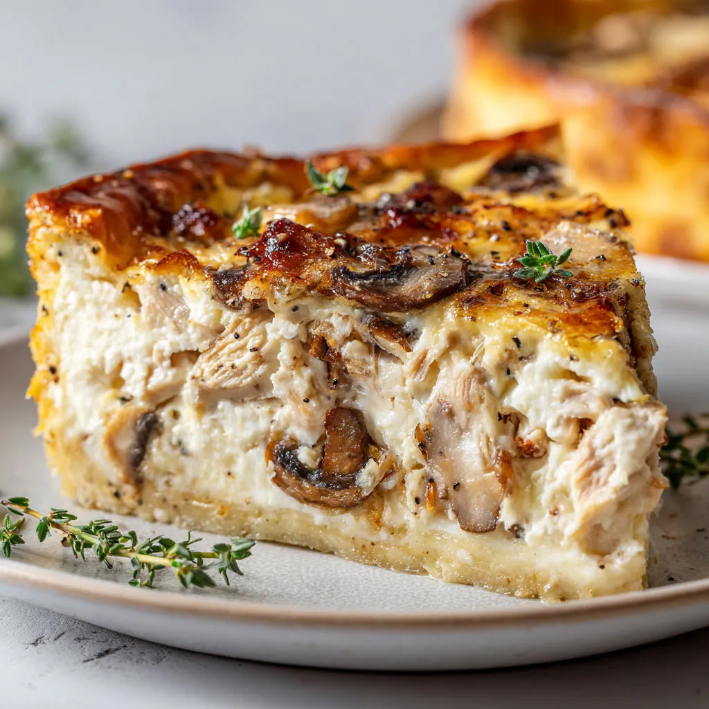 Gâteau salé bien doré au thon, champignons, fromage fondant.