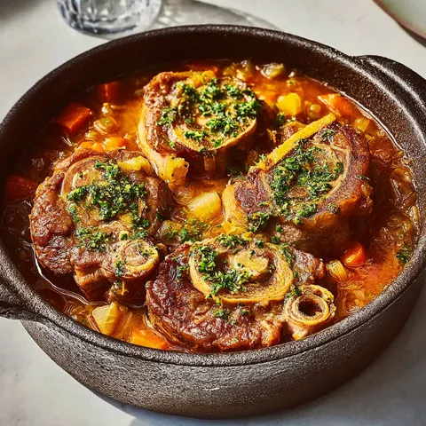 Un jarret de veau tendre mijoté avec légumes.