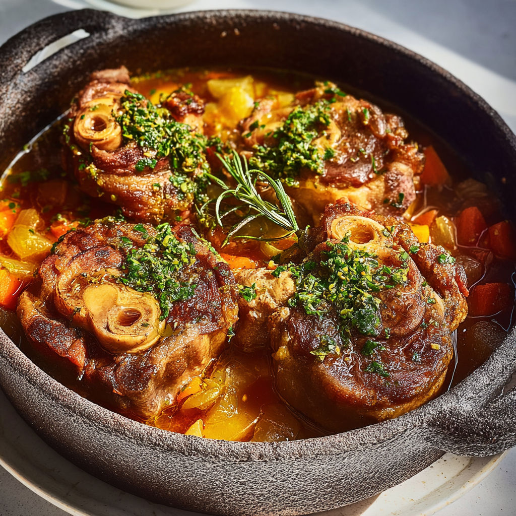 Jarret osso-bucco tendre au vin blanc et gremolata d’agrumes zestés.