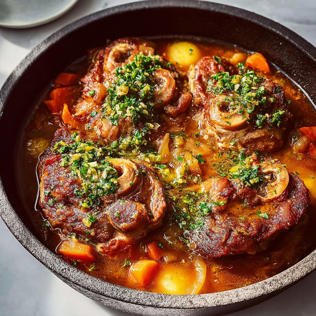 Osso-bucco classique aux herbes fraîches et gremolata au gingembre et citron.